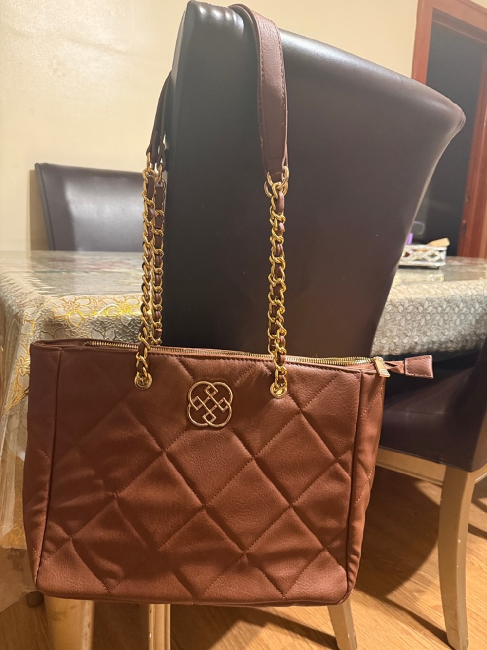 Quilted Brown Shoulder Tote with Gold Chain Accents